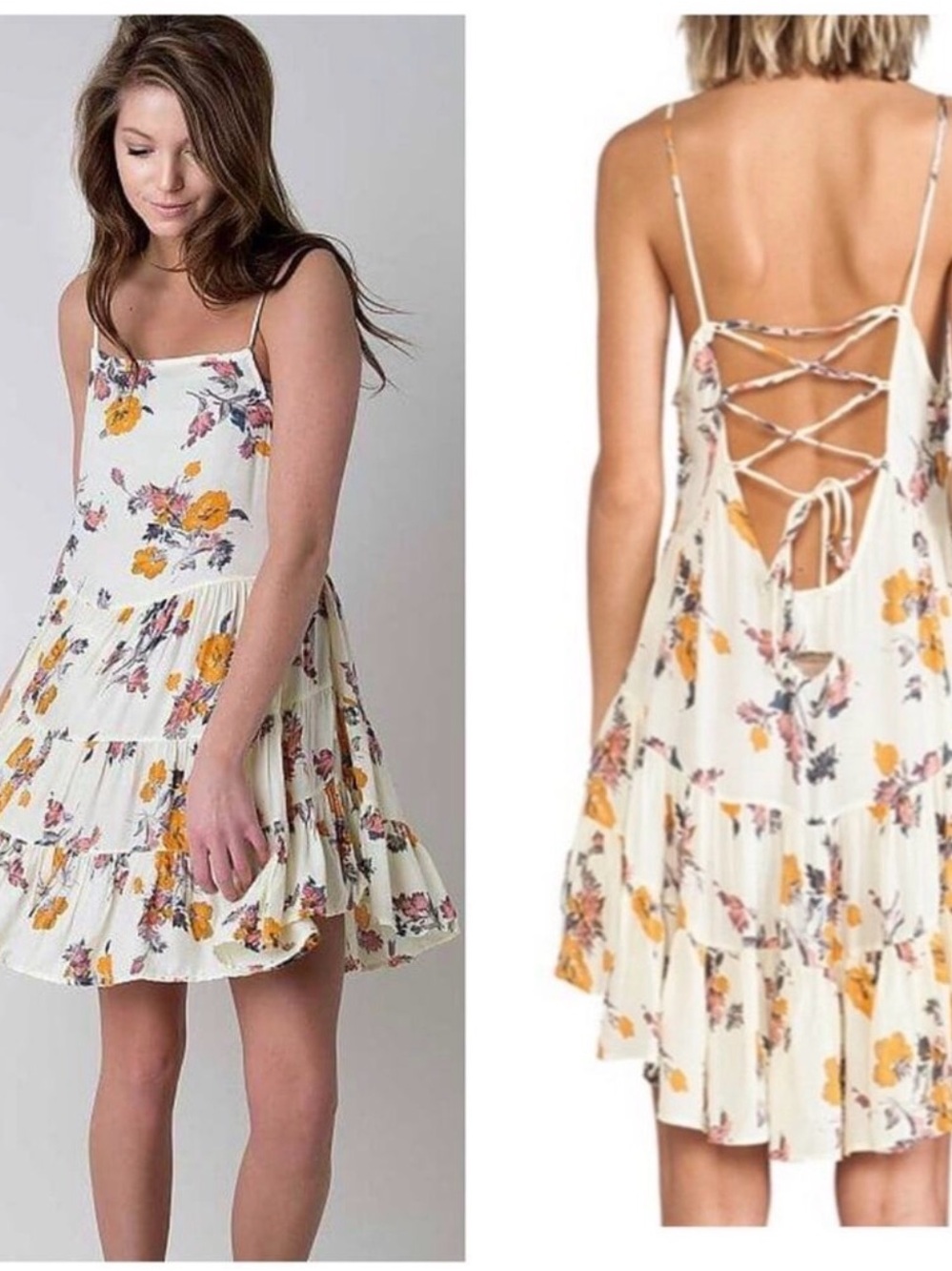 Free People Cream Floral Backless Tiered Sundress with Yellow Blooms